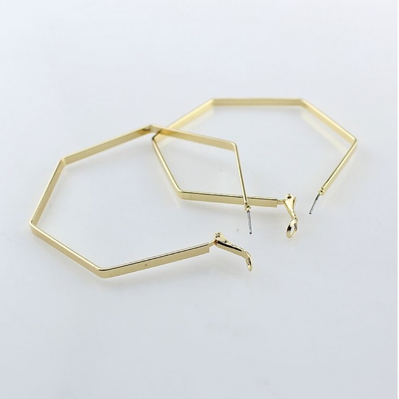 Large Polygon hoop drop gold earrings - Picture 3 of 4